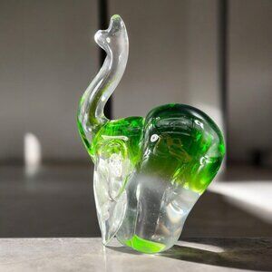 Heavy Glass Elephant Figurine Paperweight With Clear Green Spots Trunk Up Lucky